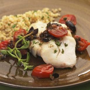 Roasted Cod with Warm Tomato Olive Caper Tapenade